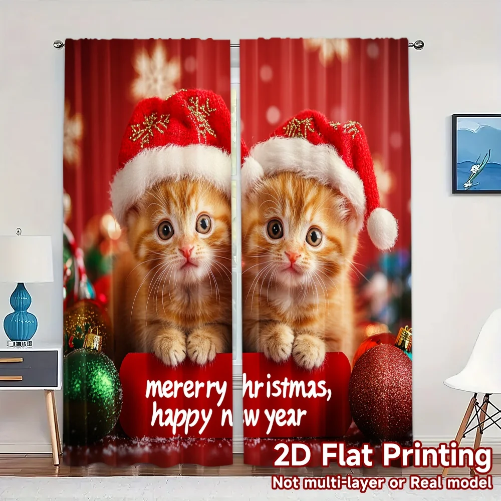 2pcs,Curtains Cute Kittens Merry Christmas Happy New Year (3) Contemporary Modern Curtains Versatile 100% Polyester Curtains