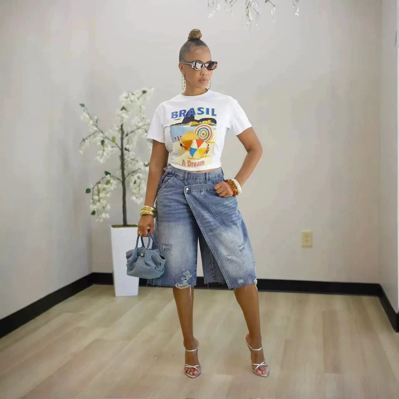 Fashion Women's Cut Fake Two Pieces Loose Denim Shorts High Waisted Irregular 5-point Jeans