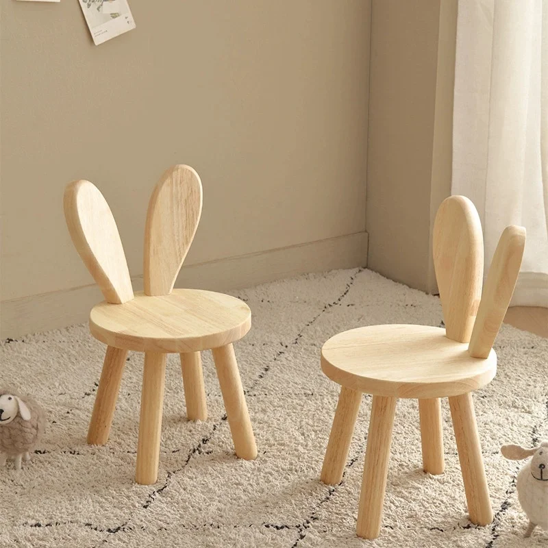 Solid Wood Stool Household Shoe-Changing Stool Children's Backrest Small Chair Wooden Stools Rabbit Ear Small Low Stool New