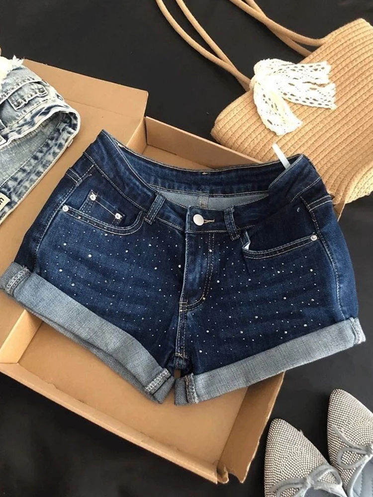 Deep Blue Sequin Star Low Waist Tight Fit Denim Shorts Women Summer Sexy Tight Butt Hugging Hot Pants Short Skirt Jeans
