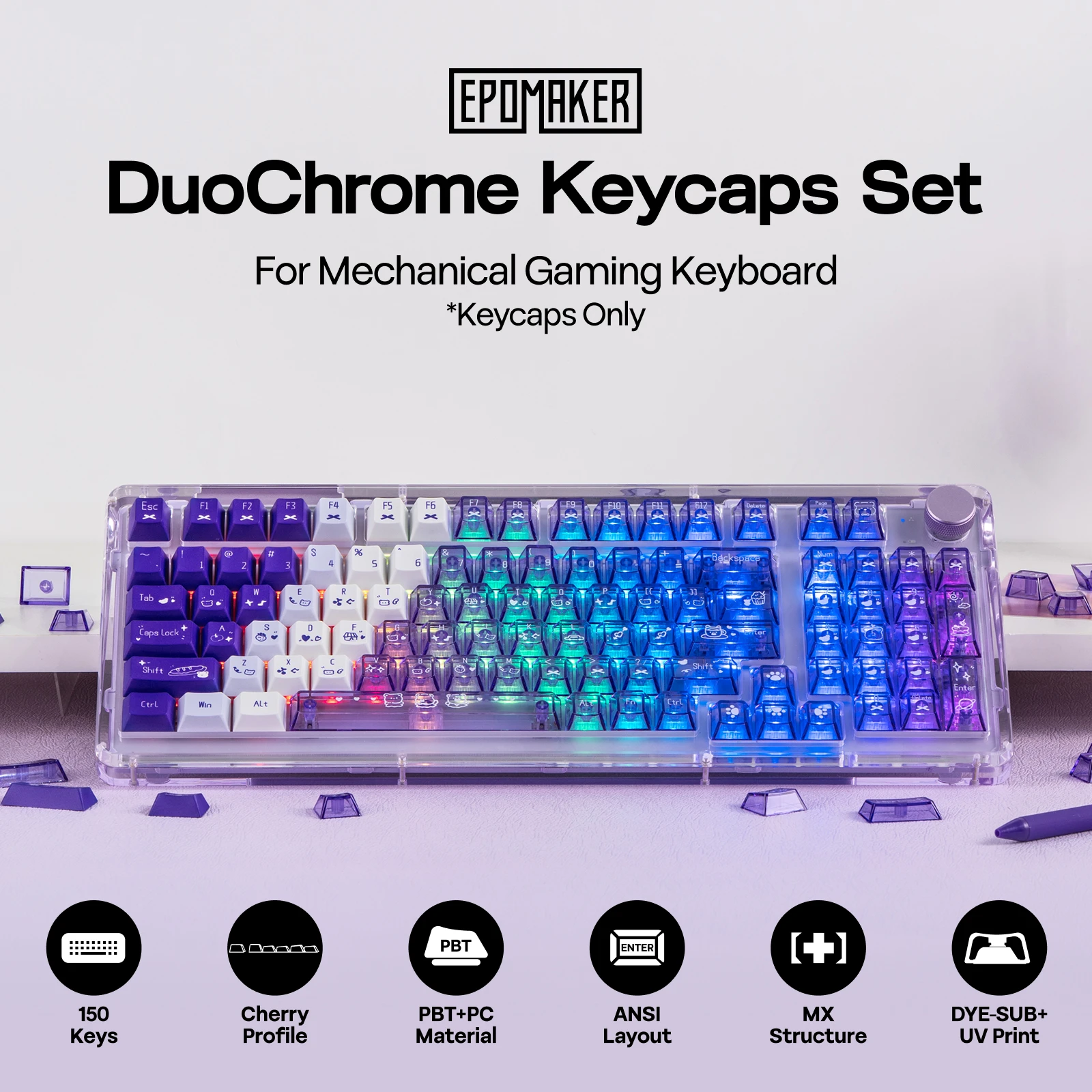EPOMAKER DuoChrome Shine Through Keycap Set 150 Cherry Profile Dye Sublimation+UV Print Keys Compatible with MX Structure Keycap
