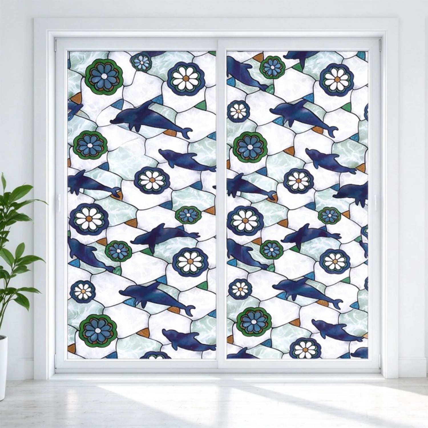 Painted Dolphins Privacy Window Film Static Cling Decorative Glass Sticker Anti UV Heat Control Frosted Window Cling for Home