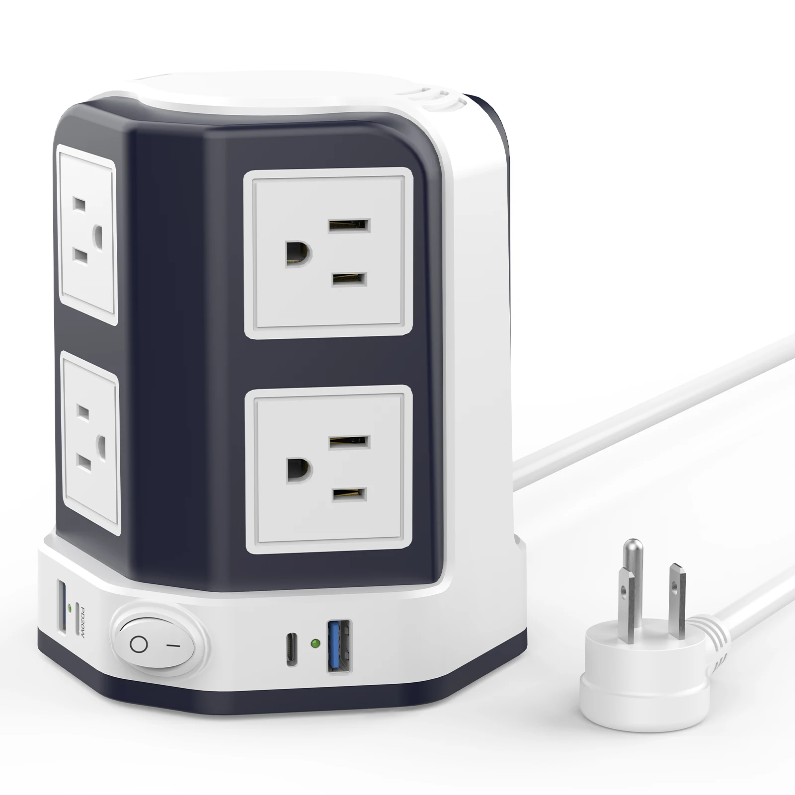 PD20W USB-C power tower surge protector, 10ft extension cable, 8 sockets, 4 USB ports, home office dormitory must have