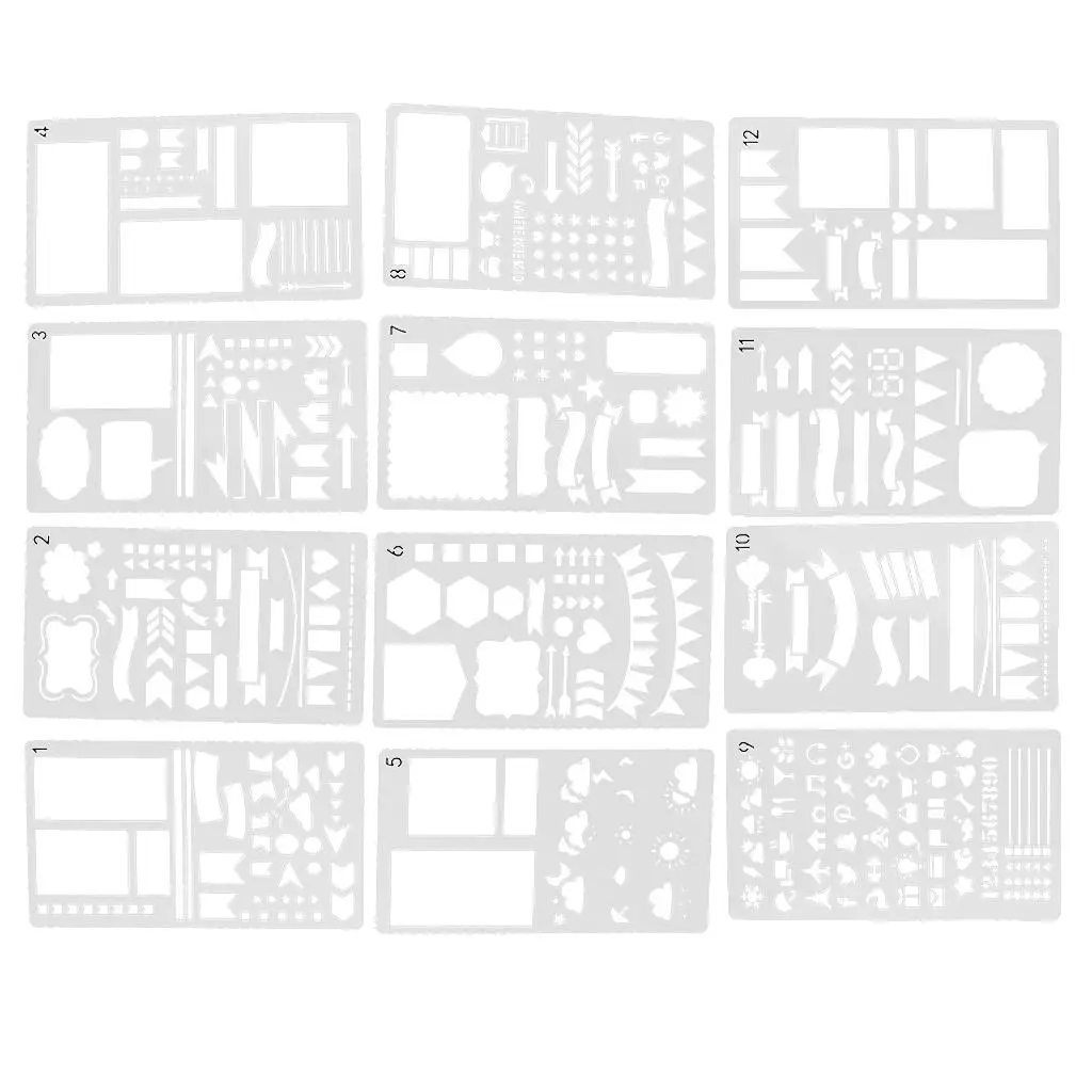 12x Journal Stencil Drawing Template per DIY Planner Diary Scrapbook