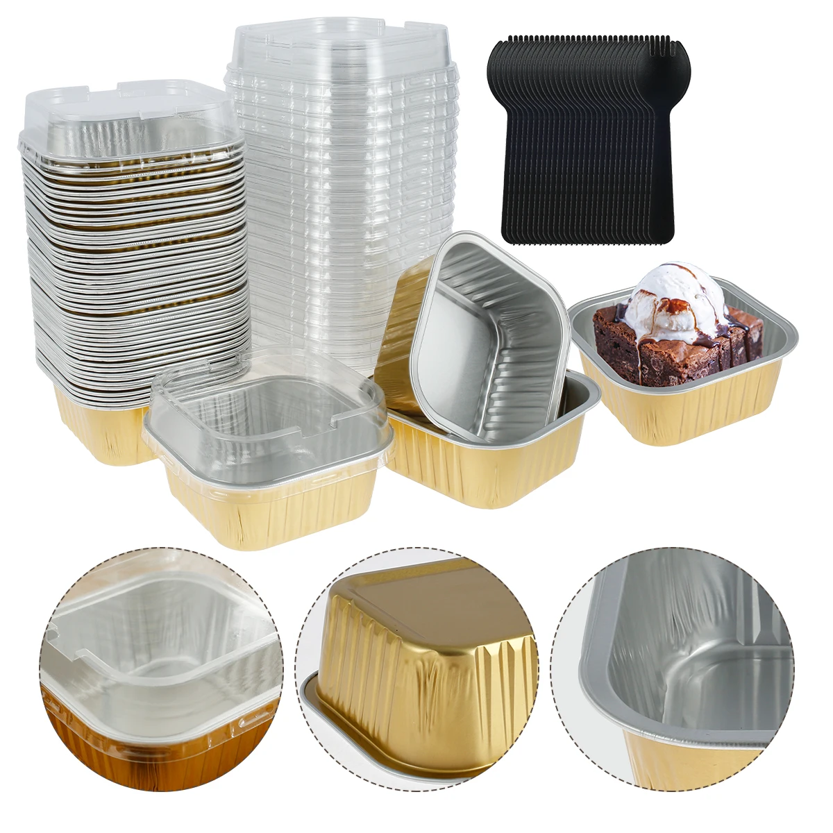 150Pcs Aluminum Foil Cupcake Cups Non-Stick Foil Baking Cups 150ml Square Ramekin Pudding Dessert Cups Cream Cups Containers