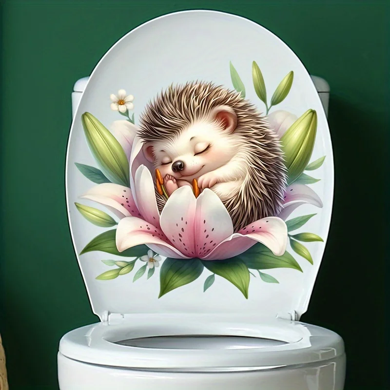 Hedgehog Sleeping on Lilies -Toilet Lid Decal-Bathroom Wall Sticker Self-Adhesive Home Decor Waterproof Decal Stickers M1336