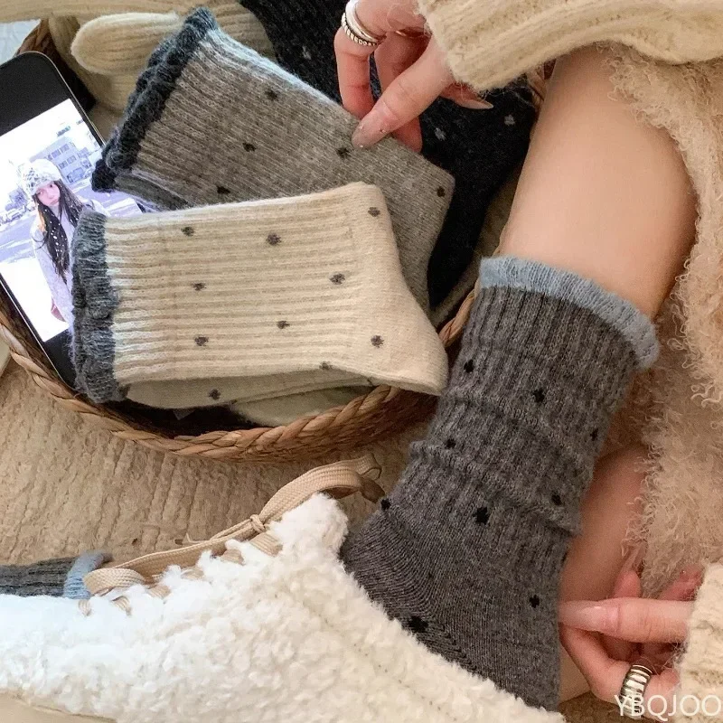 5 pairs Winter plush thick socks warm mid tube socks lace and polka dots fashionable and multifunctional long tube women's socks