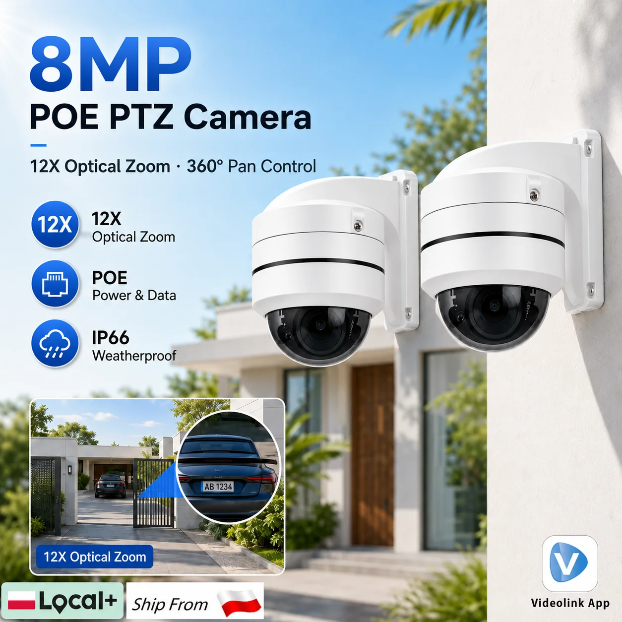 2 Stück 8MP POE PTZ Sicherheitskamera für den Außenbereich, 12-fach optischer Zoom, IP66 wasserdichte Dome-CCTV-Kamera, 360° °   Pan-Control Audioaufnahme mit TF-Karten-Unterstützung und Videolink-App