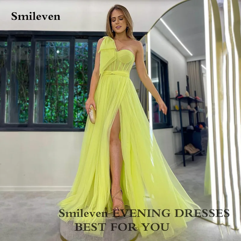 Smileven الوردي الساخن الكلاسيكية فساتين لحضور الحفلات الموسيقية ألف خط نفخة تول الحبيب الرقبة مساء فستان الجانب سبليت عارية الذراعين حفلة موسيقية رداء حفلات 2022