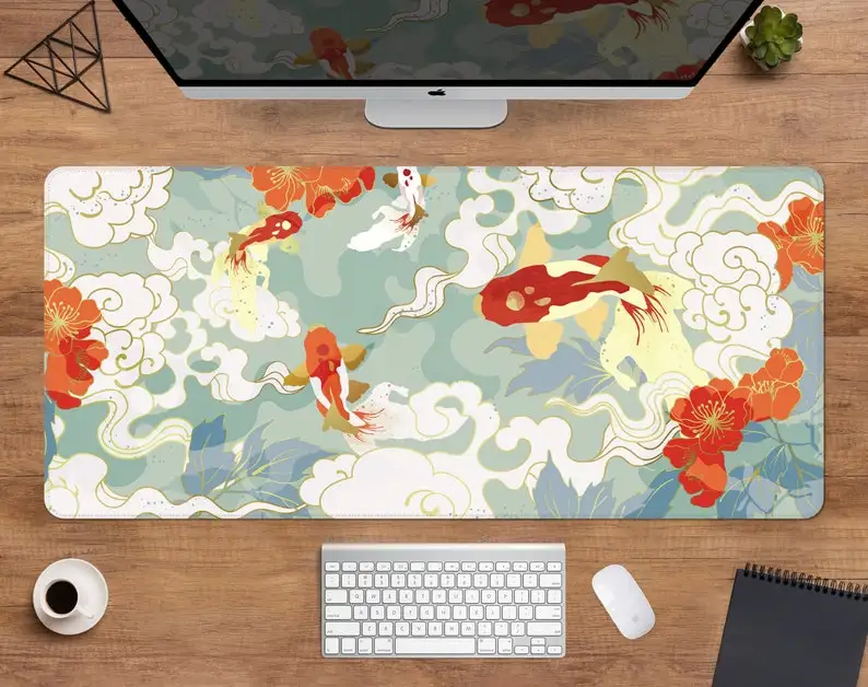 

Koi Table Mat, Japanese Mouse Pad, Minimalist Japanese Mouse Pad, Gold and Blue Anime Aesthetics, XXL Gaming Desk Mat