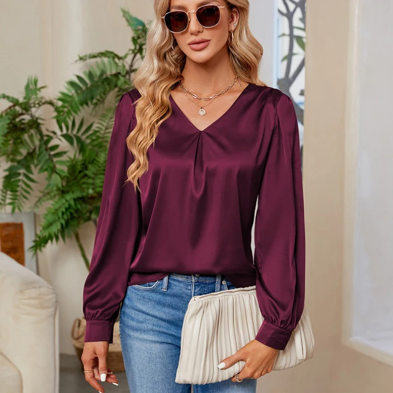 

2023 New Satin Pleated Loose Women's Blouse Long Sleeve Tops V-Neck Solid Casual Shirt Office Lady Fashion Elegant Blusas 28494