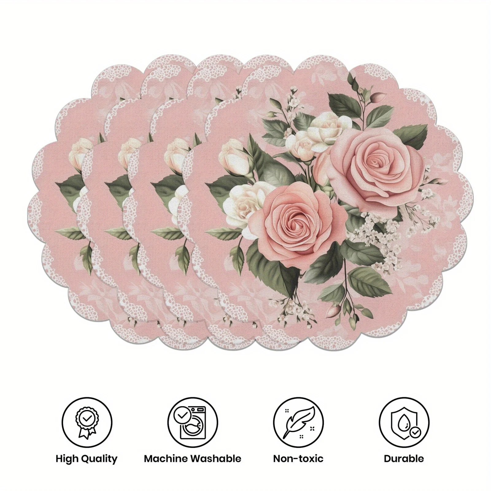 VIKAMA 4PC Lace Floral Placemat Circular Home Dining Table Afternoon Tea Party Decoration Romantic And Warm Style