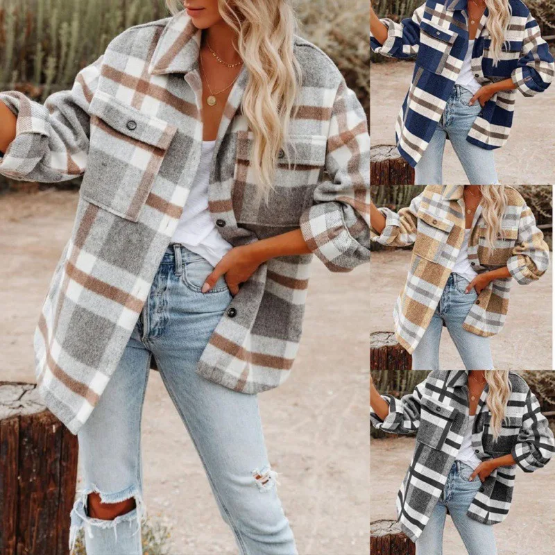 

Autumn and Winter Long-sleeved Loose Plaid Shirt Tweed Jacket Female