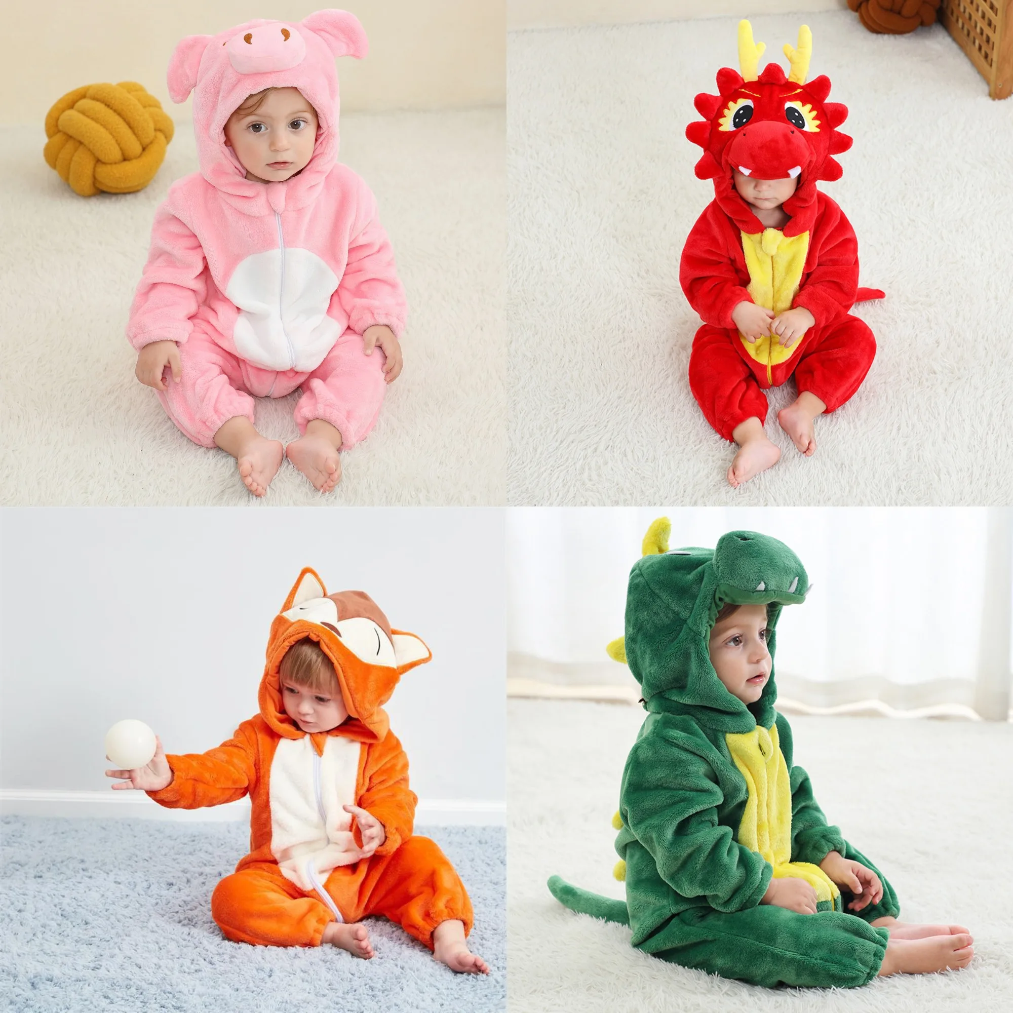 

Halloween Cute Cow Flannel Baby Rompers Winter Clothes Costume Hooded Bodysuits Pajamas Animals Jumpsuit for Girls Boy