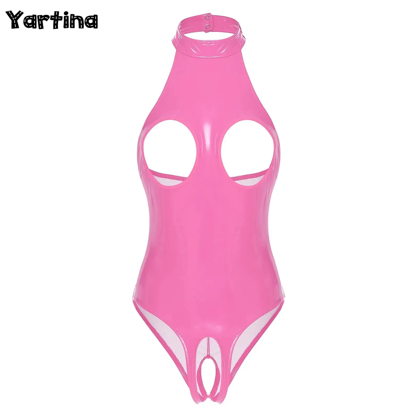 

Womens Sexy Crotchless Open Nipples Bodysuit Cutout Halter Neck Backless Patent Leather Bare Breast Lingerie Bodysuit Clubwear