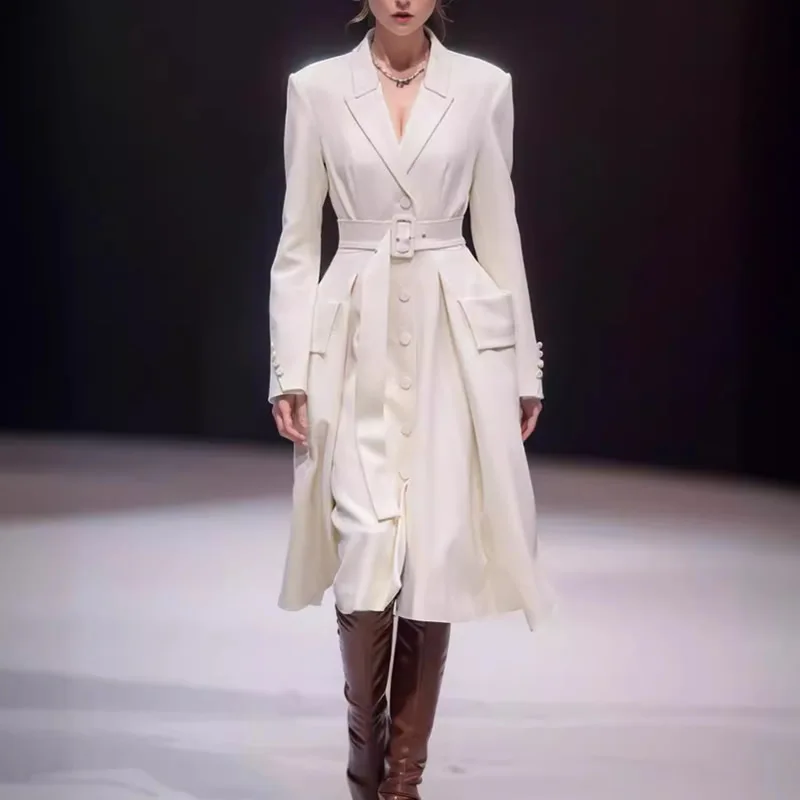 

2026 New Women White Solid Turn-Down Collar Suit Coat With Belt