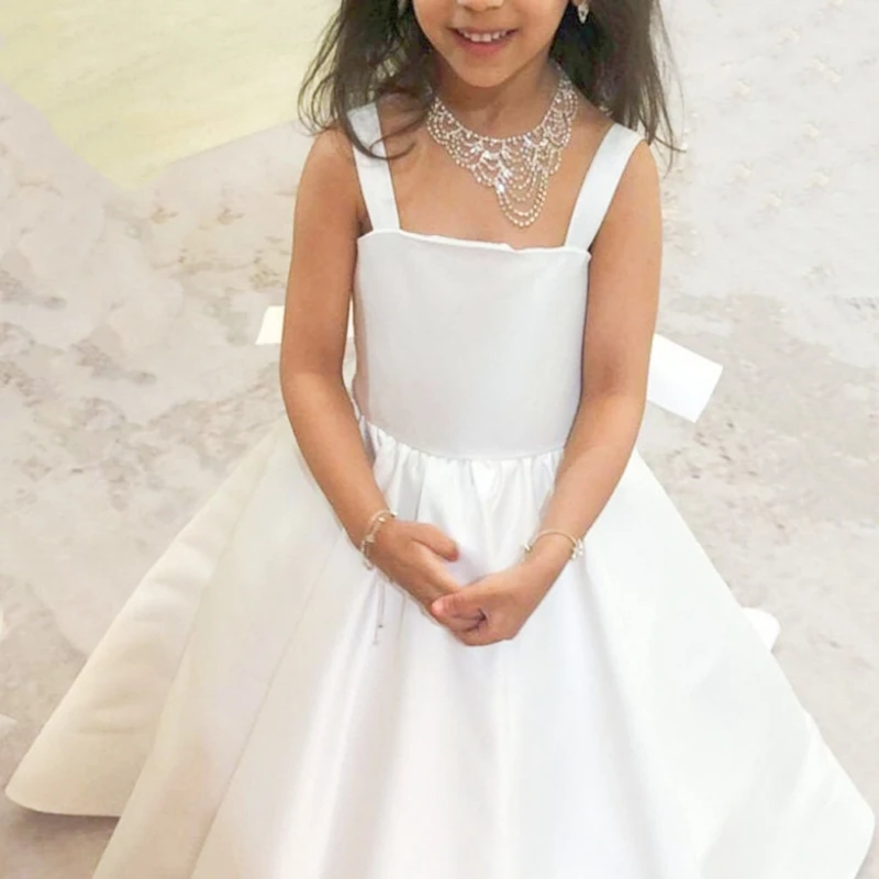 

White Flower Girl Dress With Big Bow Sleeveless For Wedding Pageant Girl Party Dress First Communion Gown