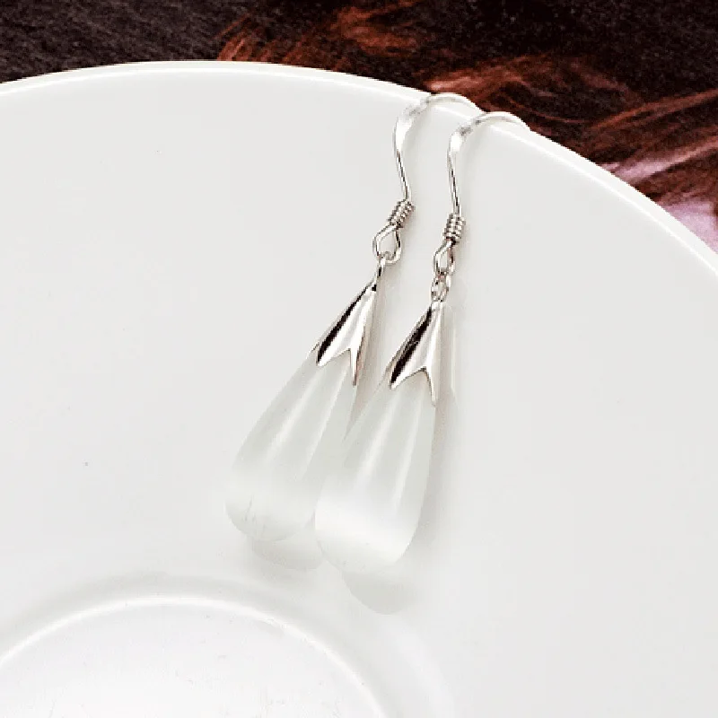 Pure 925 Sterling Silver Jewelry Set Simple White Pink Water Drop Opal Cat Eye Stones Pendant Necklace/Hook Earrings/Chain
