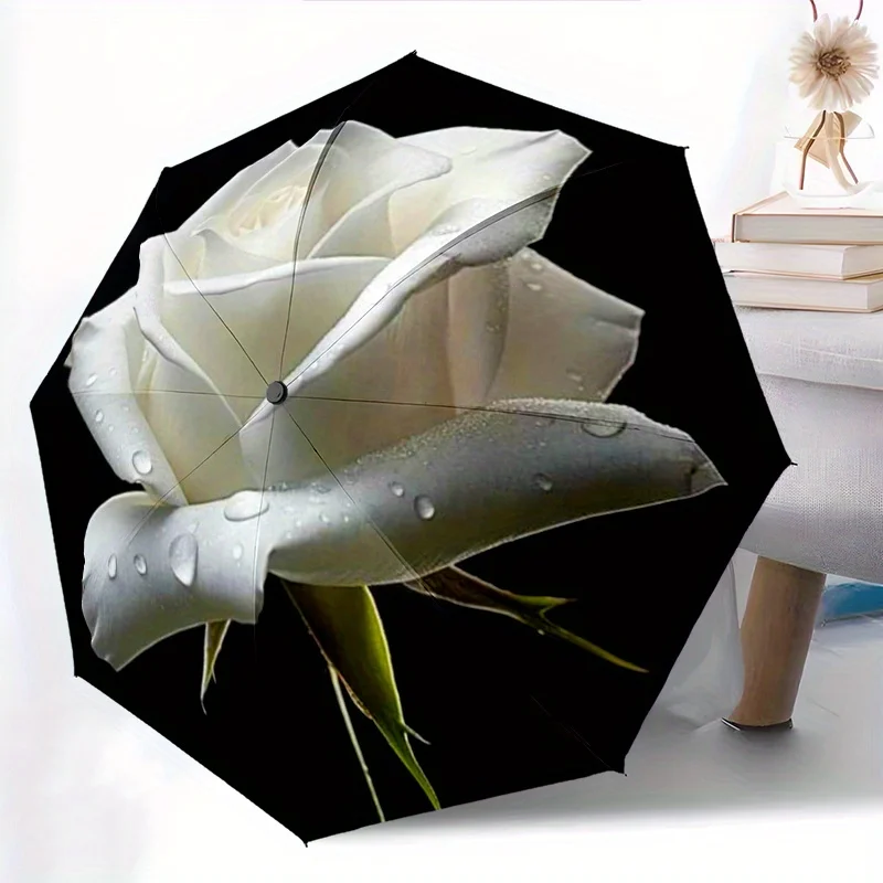 

Зонт с принтом белых роз, 1 шт. – Незаменимый домашний портативный складной зонт с прочной железной рамой, подходит для всех сезонов.