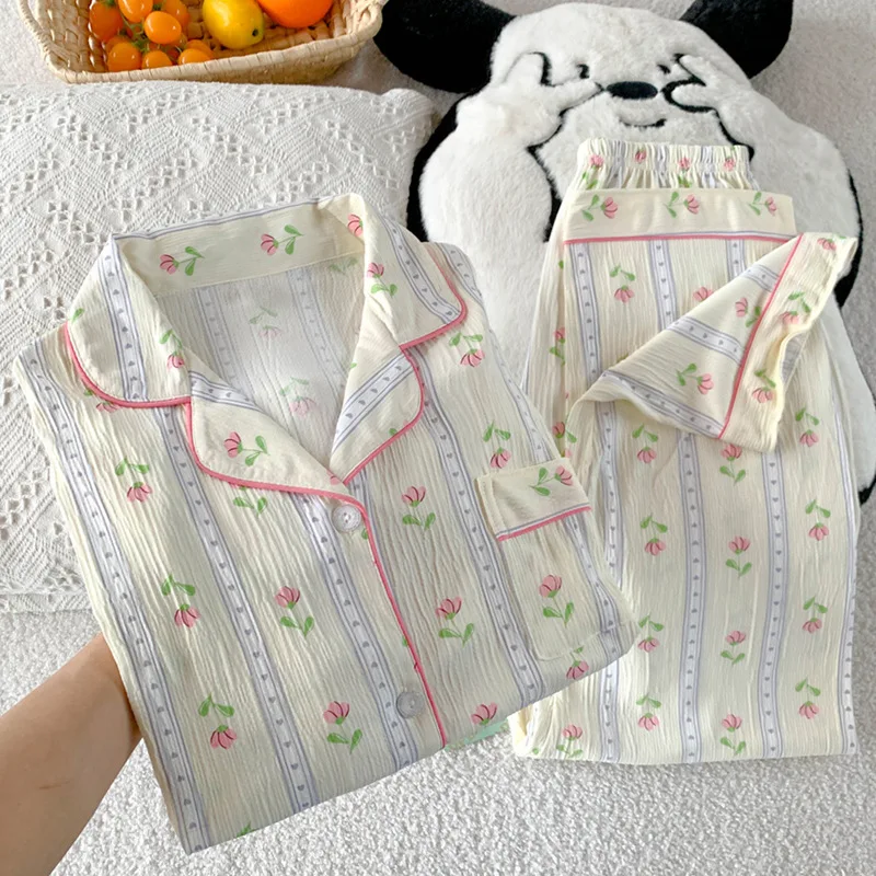 Spring and Autumn Tulip Princess Wind Wrinkled Cloth Long Sleeve Pajamas for Women Summer Home Clothes Thin Set Sleepwear
