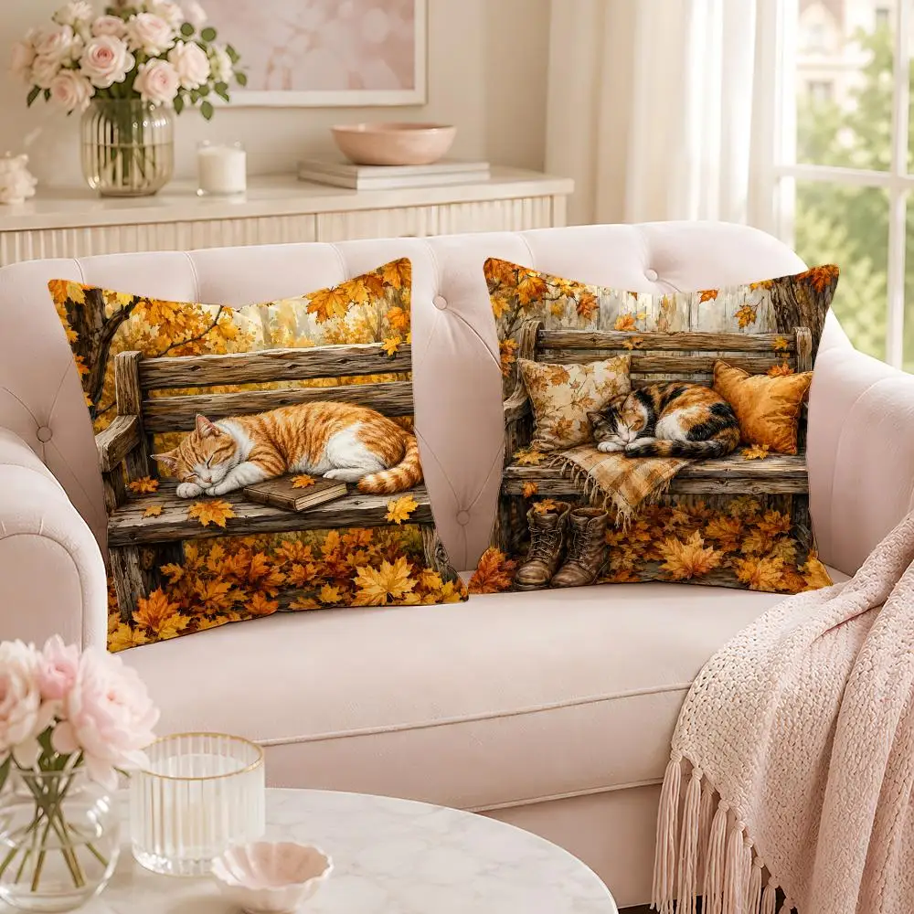 Cat Maple Leaf Pattern Cushion Cover Soft Short Plush Pillow Case Double Sided Print Washable Sofa Home Decor Gift