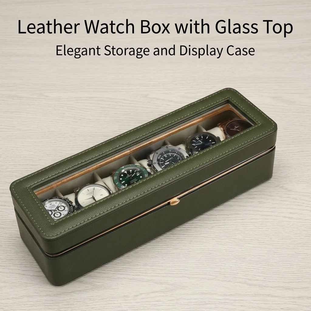 Watch Storage Box for Standard Wristwatches, PU Leather Case with Metal Frame and Tempered Glass Top High-Density Sponge Modular