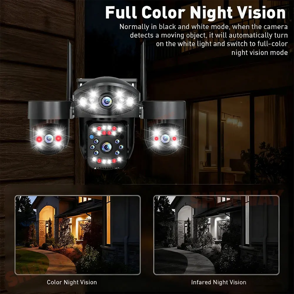 10K 20MP Wifi Security Camera Wireless Outdoor 4 Lens 4 Screen 360° PTZ Camera Auto Motion Tracking CCTV 12X Zoom Surveillance