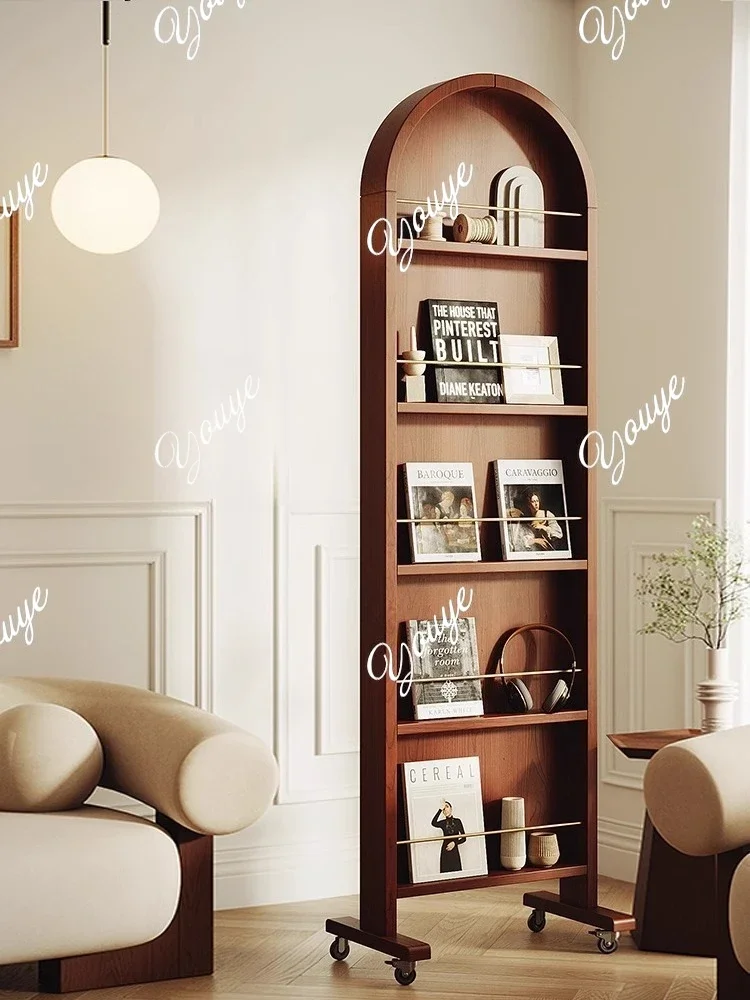 XX French Retro Multi-functional Solid Wood Full-length Mirror Floor Storage Magazine Rack Book Mirror Newspaper Rack Movable Fu