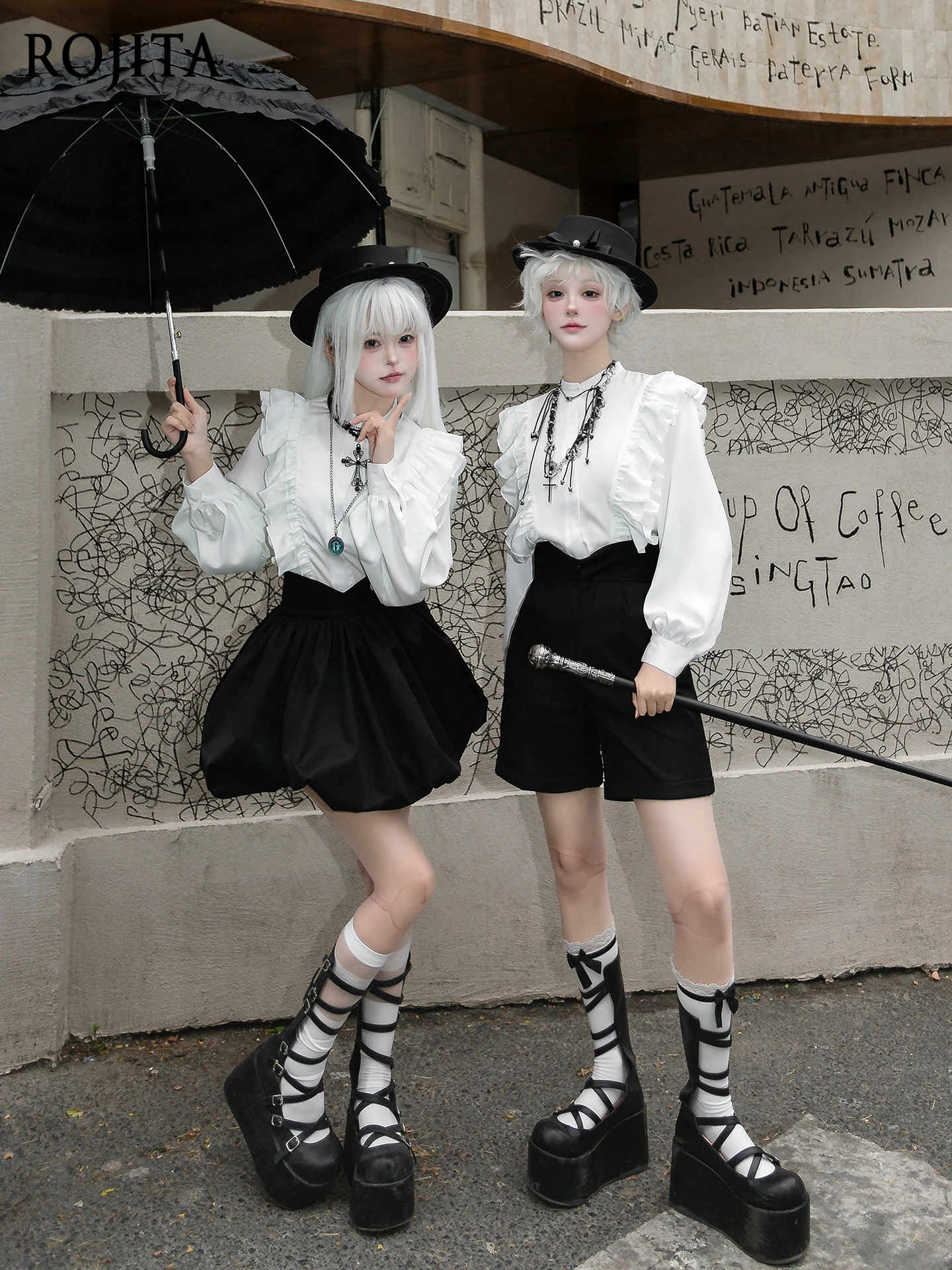 

High Waist Shorts Black Bud Short Skirt Lolita Inner Shirt Long Sleeve White Shirt Two Piece Sets Womens Outifits 2025 Spring
