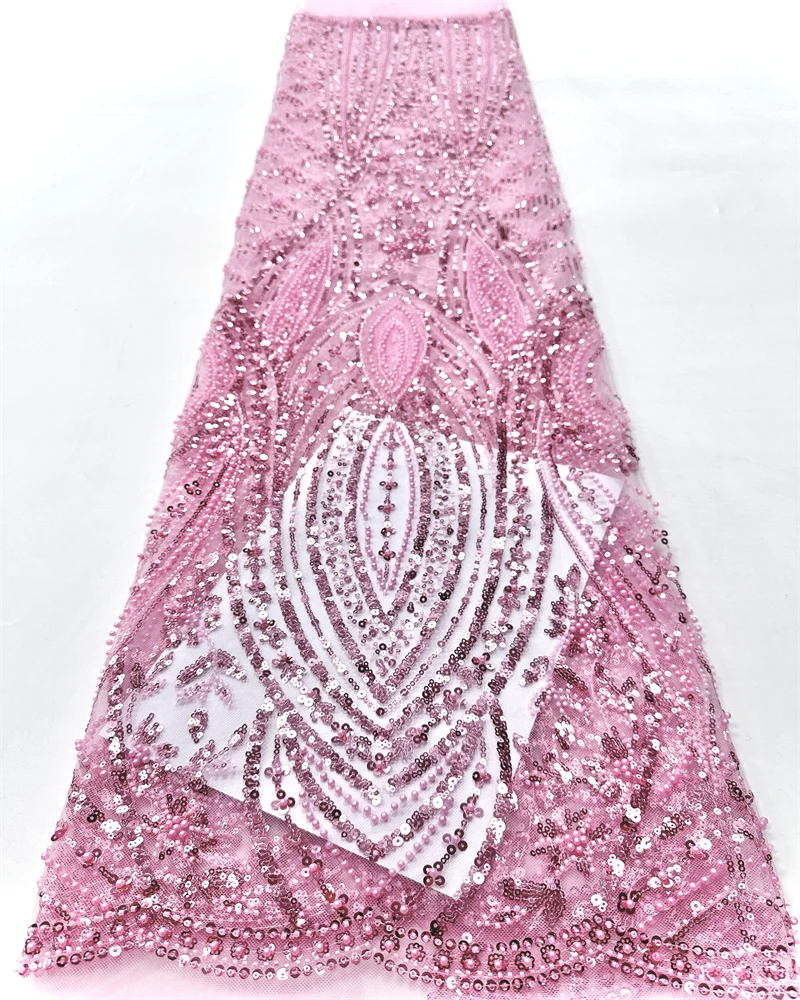 

African French Beaded Multi-Color Lace Fabric High Quality Pink Tulle Mesh for Wedding Dresses Nigerian Lace Fabrics
