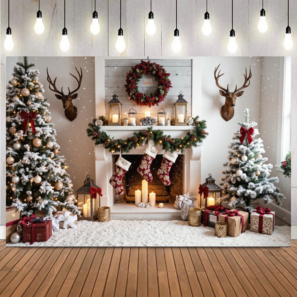 Fondo de chimenea de pared de ladrillo blanco de Navidad escena de nieve corona de árbol de Navidad vela calcetines niños decoración de fiesta de vacaciones fondos