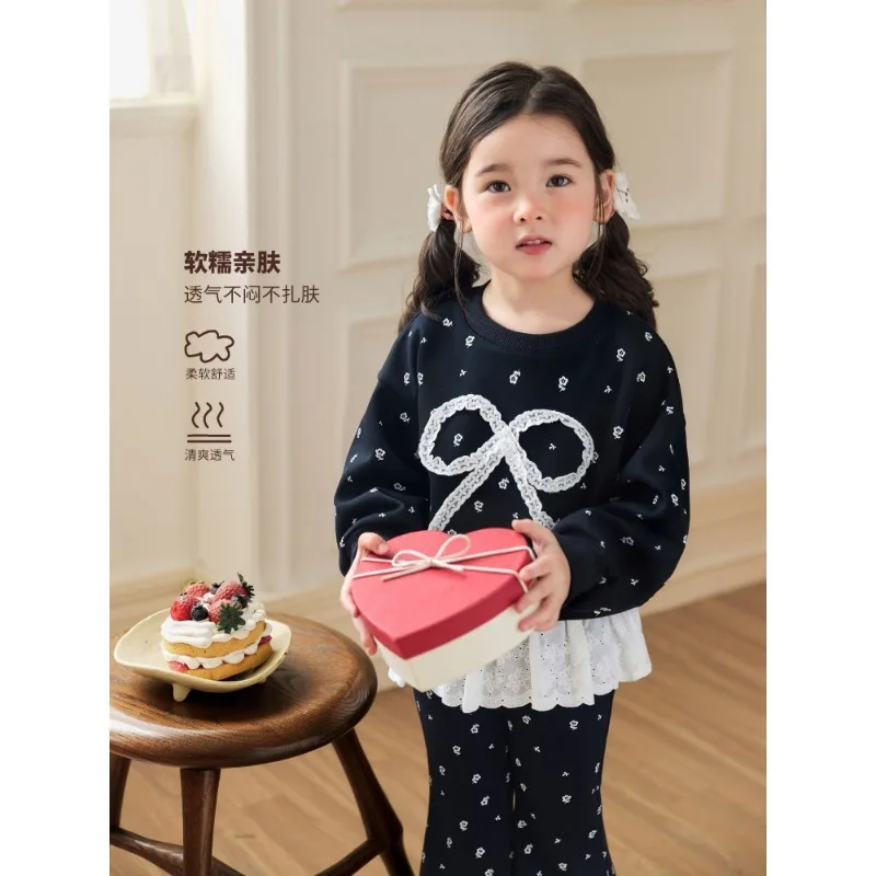 RAISE 2-8 Jahre Kinder Mädchen Zweiteiliges Outfit Herbst Kinder Mädchen Schleifen-Sweatshirt Trainingsanzüge 2026 Spitzenbesetzte Schlaghose Outfits – Detail 4