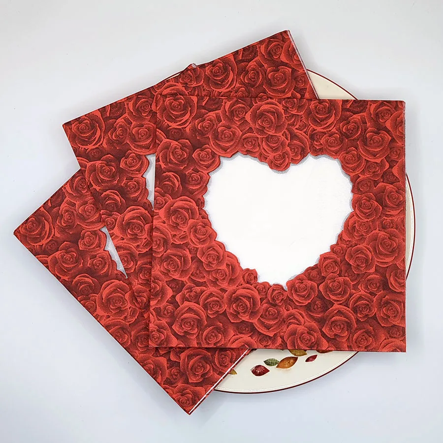 ผ้าเช็ดปากข้อเสนอสุดหรู 33x33 ซม. - กุหลาบสืบราชบัตรพร้อมหัวใจคัตเอาท์ |   พรีเมี่ยม 2 ชั้นสำหรับตกแต่งโต๊ะงานแต่งงาน, การตอกย้ำคำสาบาน 10/20 ชิ้น