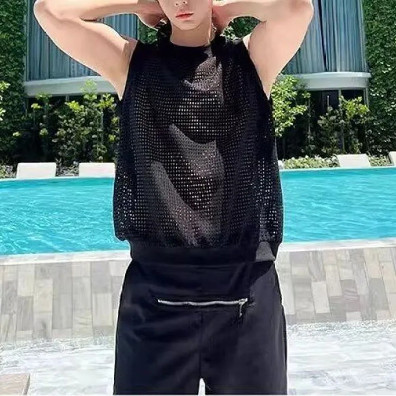 Minimalist Korean Knitted Sleeveless Summer New Men's Crew Neck Solid Color Hollow Out All-match High Street Loose Tops Vests
