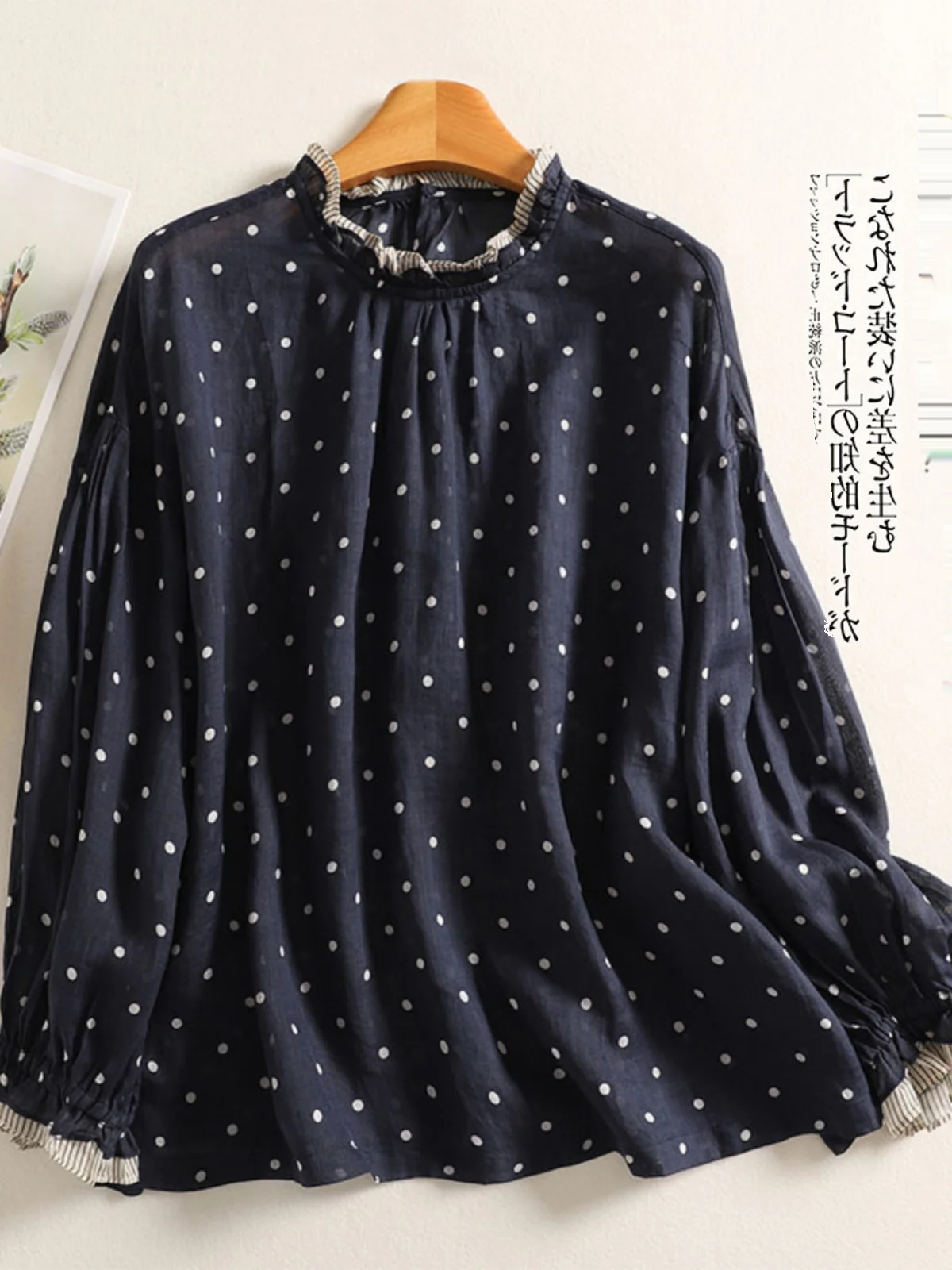 

Casual Polka Dot Print Long Sve irt Women's plus Size Spring Faion Sweet Sle Button Detail Loose Fit round Ne Top