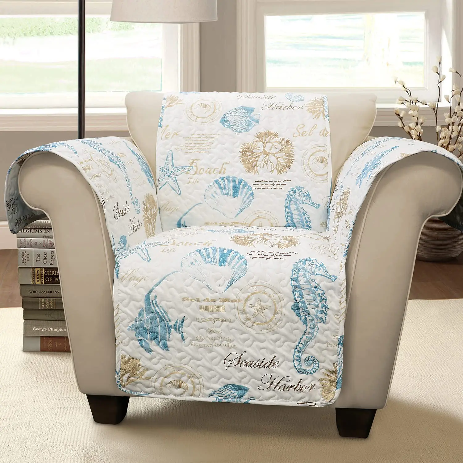 

Quilted Coastal Armchair Cover With Seashell Seahorse Print For Home Use