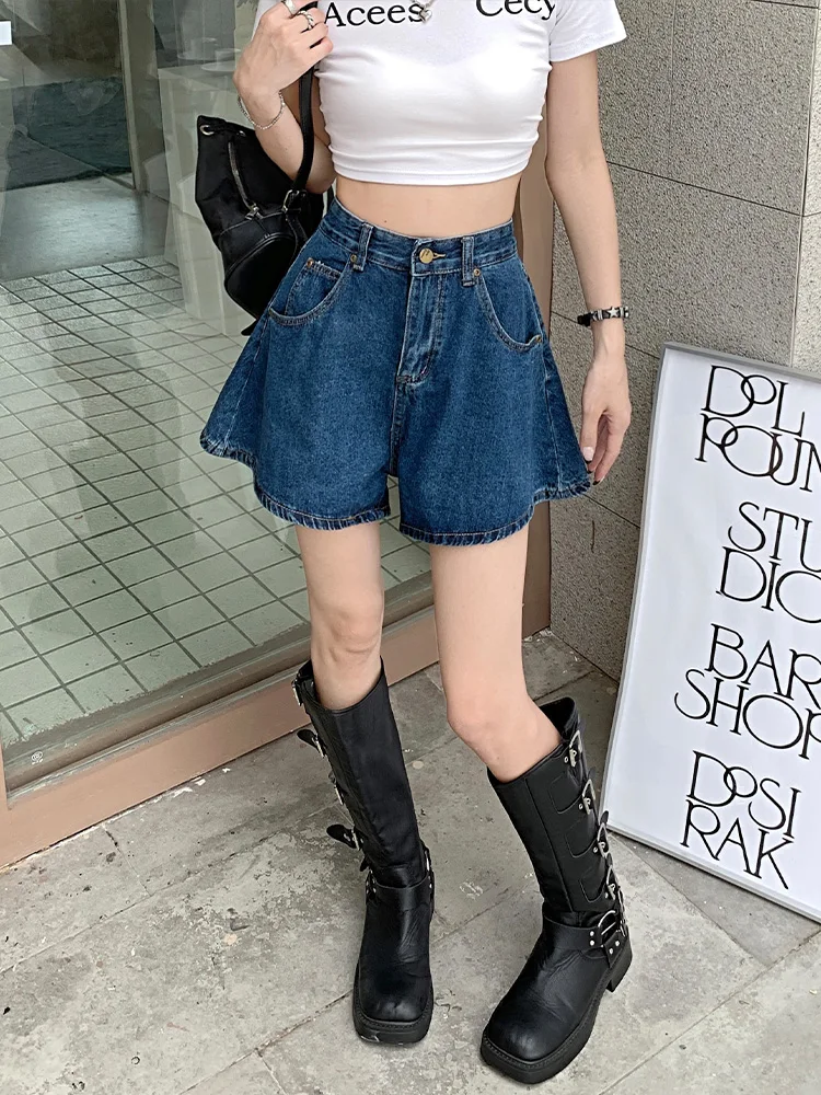 딥 블루 루즈 여성용 데님 반바지 하이웨이스트 슬림핏 플러스 사이즈 여름 핫팬츠 살 커버 와이드 레그 진