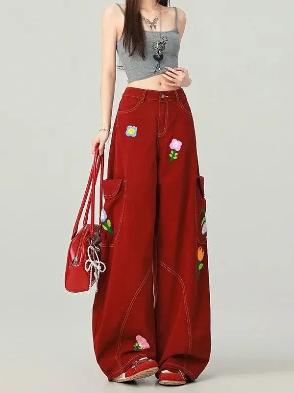 

Floral Embroidery Wide Leg Jeans Men's Spring Autumn Vintage Sle Workwear Trousers Comfortable Soft Denim Anti-Wrinkle Wear...