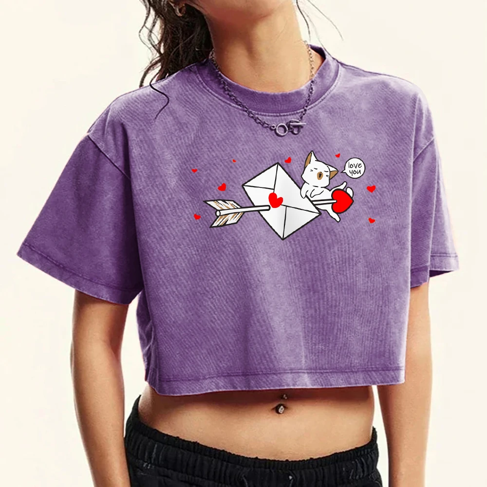 

Love Letter And Cat Print Washed Tee Shirt Women Casual T Shirt Cotton Street Crop Tee Summer Fashion Short Sleeve For Female
