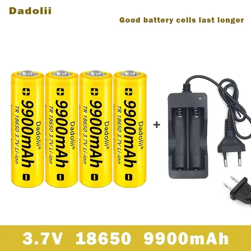 18650 Li-ion Rechargeable Battery 3.7V 9900mAh With Charger For Flashlight Torch, Portable Power Cell Replacement Stable Output