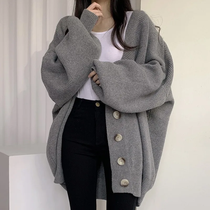 Bishop Sleeve V-neck Knitted Cardigan Women Chic Fashion Loose Cardigan Female Long Sleeved Knitted Loose Cardigan Autumn Winter