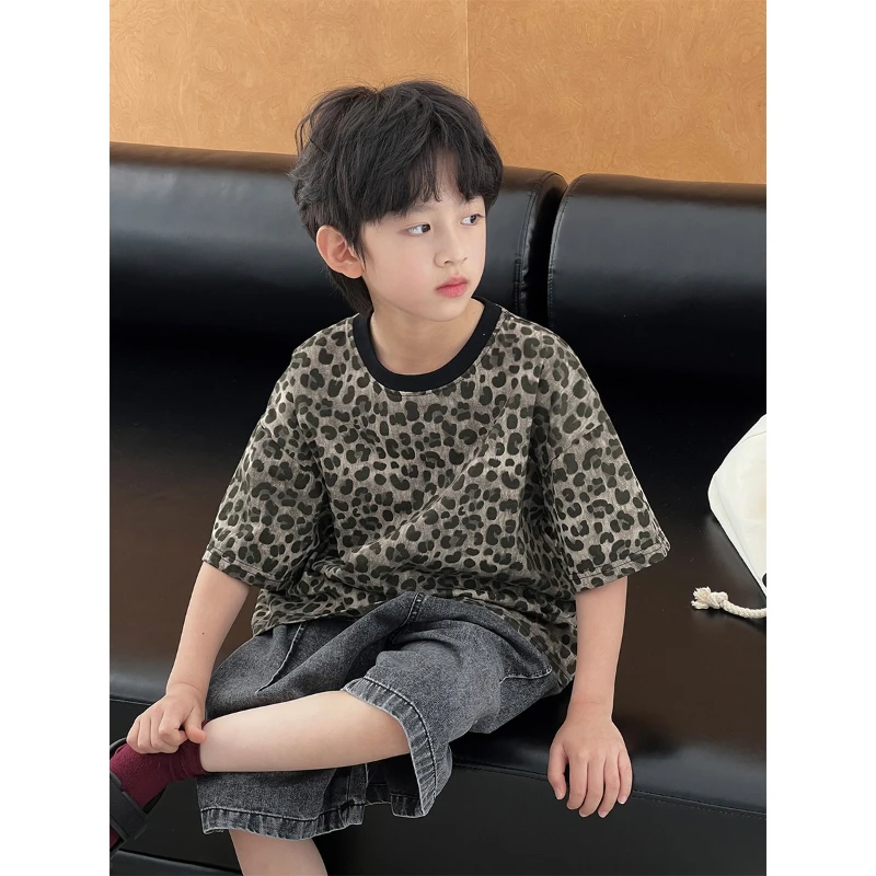 

2025 Summer Collection Children's New Trendy Leopard Print Design Casual Loose T-Shirt Daily Pullover Round Neck Top