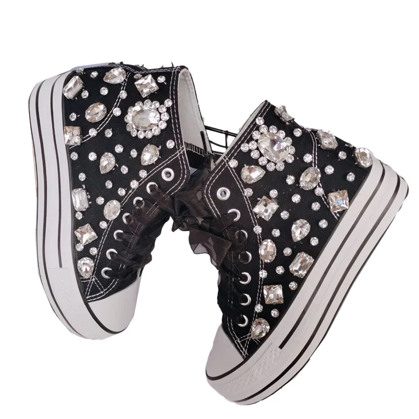 Women Sneakers Hand Sewed Sticky Diamond Crystals Thick Bottom Inner High Top Designer Customize Colors Flats Strap Canvas Shoes