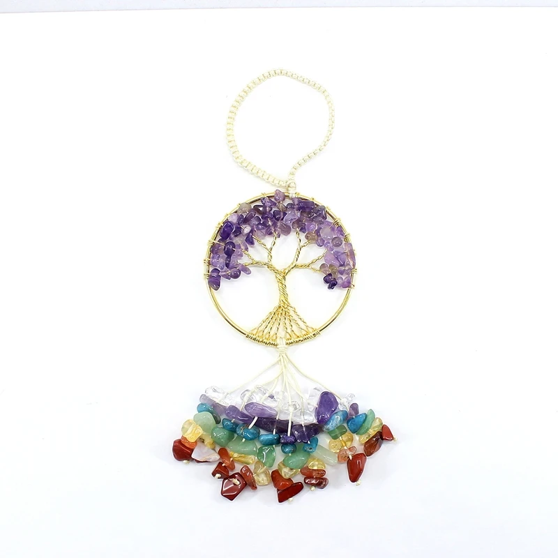 Natural Stone Pendant Car Hanging 7 Chakra Life Of Tree Colorful Irregular Crystal Quartz Healing Amulet Fengshui Energetic