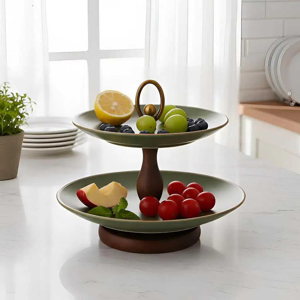1Pc Double/ Triple Layer Matte Green Ceramic Dessert Tray, Gold-Rimmed Fruit Snack Tray, with Wooden Stand and Metal Ring Handle, Dessert Candy Display Stand, Suitable for Coffee Table, Home Decor, and Party Decoration