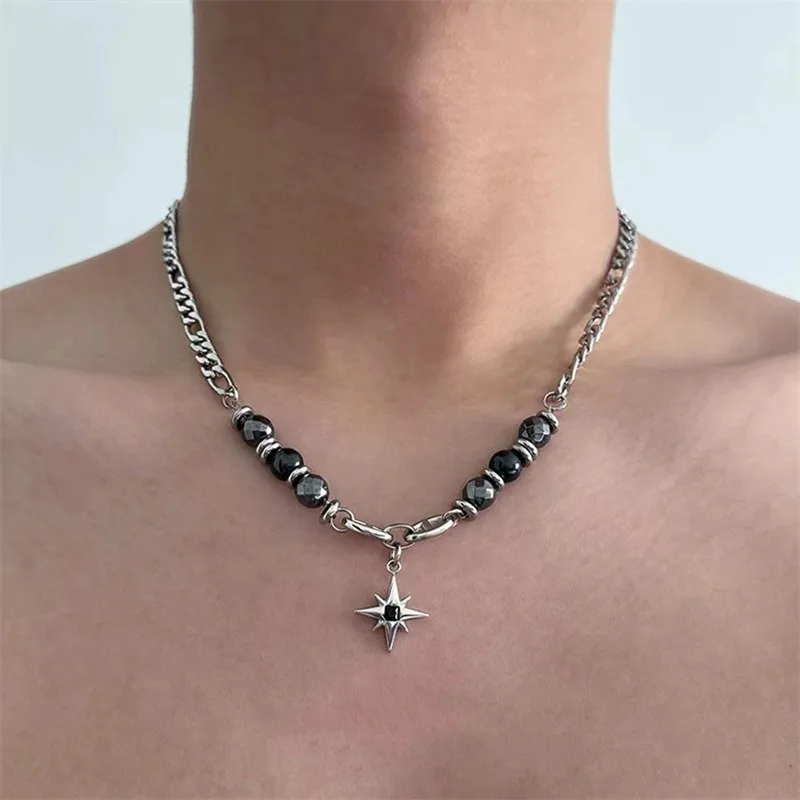 Punk Rock Titanium Steel Dark Star Pendant Necklace Hip-hop Jewelry Accessory Bead Stacked Choker Male spliced Stainless Chain