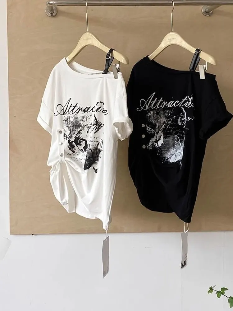 Trendiges Amerikanisches Oversize-Oberteil mit Print, Plus Size, Schulterfreies Sommer-Top für Damen, Mittellang, Locker, Vielseitig, Modisch