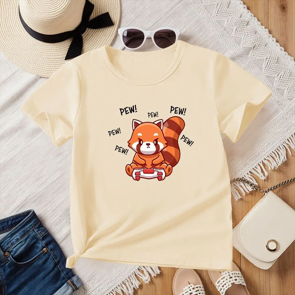Cute Red Panda Playing Video Games Graphic T-Shirt Women Summer Short Sleeve Funny Cartoon Print Harajuku Anime Y2k Fashion Tops