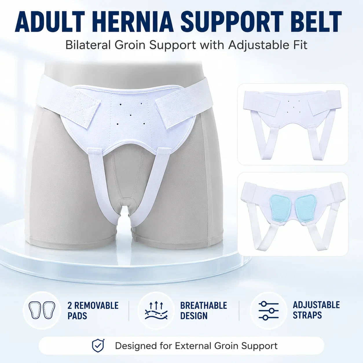 Men's Adjustable Inguinal Hernia Support Belt Breathable Truss with Removable Pads for Groin Pain Relief Post Surgery