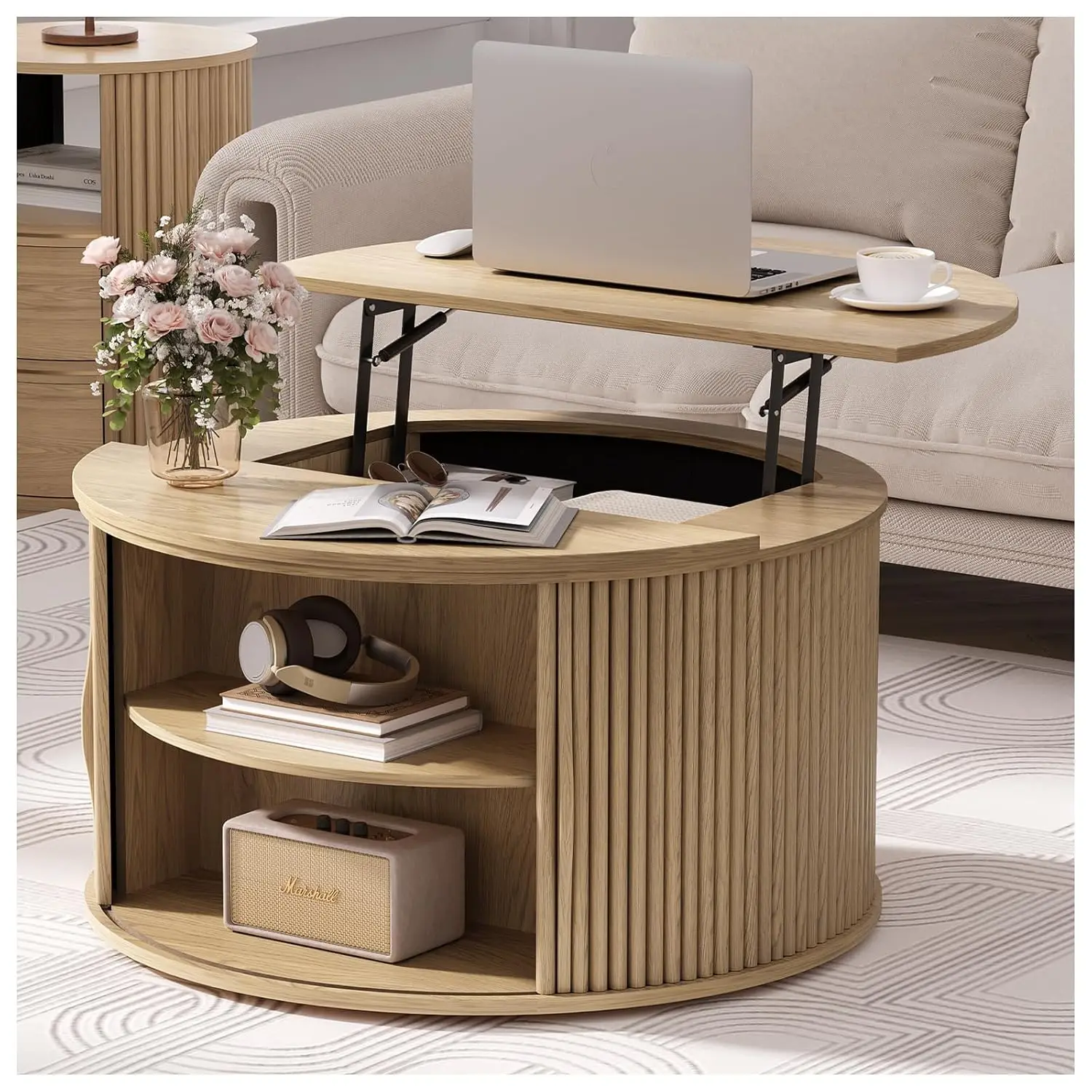 

Круглый журнальный столик с подъемной столешницей 31,5 дюйма, из натурального дуба, современный, с рифленой столешницей, скрытым хранением, в стиле Japandi Scandi, на заказ